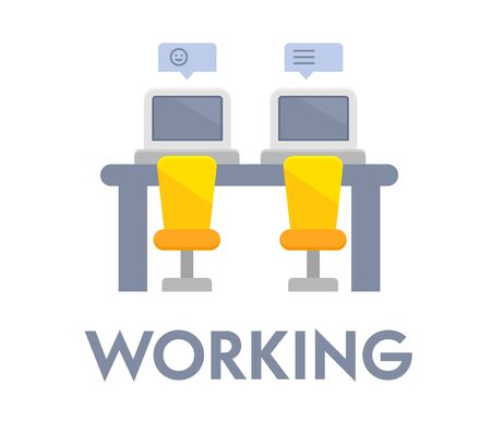 Working or Coworking Banner with Desk, Chairs and Computers with Speech Bubbles. Icon or Badge Isolatedのイラスト素材