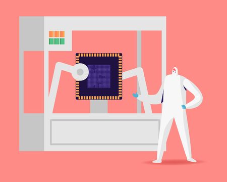 Technology Innovation, Manufacture Concept. Engineer Character Control 3d Printing Process. Automatic Three Dimensional Printer Create Semiconductor. Machine Set Up Object. Cartoon Vector Illustrationのイラスト素材
