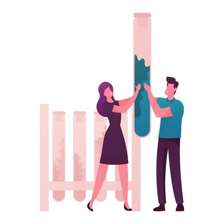 Tiny Male and Female Characters Holding Huge Test Tube with Essential Oil Extract in Lab. Herbal Aroma Therapy Cosmetic Perfumery Production, Floral Toilet Water Fragrance. Cartoon Vector Illustrationのイラスト素材