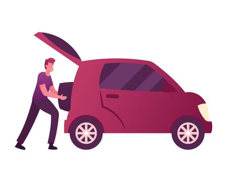Male Character Put Luggage into Auto Trunk. Man Use Car Sharing Service for Transportation in Cityのイラスト素材