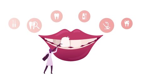 Tiny Female Dentist Doctor Character in Medical Robe Holding Stomatologist Instrument Install Dental Veneers to Huge Mouth in Clinic Cabinet, Aesthetic Stomatology Concept. Cartoon Vector Illustrationのイラスト素材