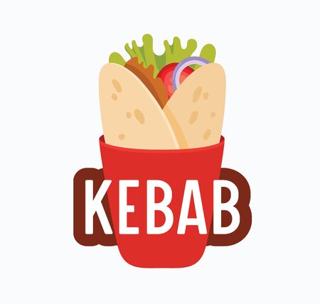 Kebab Banner, Meat Rolled in Pita Bread and Typography Isolated on White Backgroundのイラスト素材