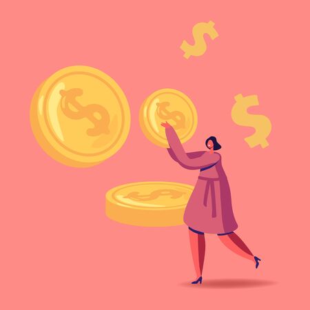 Successful Business Woman Carry Huge Gold Coin, Character with Money Cash. Rich Businesswoman Make Saving, Financial Profit Salary Wealth, Increasing Capital, Sales Funnel. Cartoon Vector Illustrationのイラスト素材
