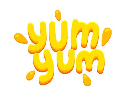 Yum Yum Banner, Icon with Yellow Typography and Drops. Creative Text Composition . Design Element for Cafeのイラスト素材