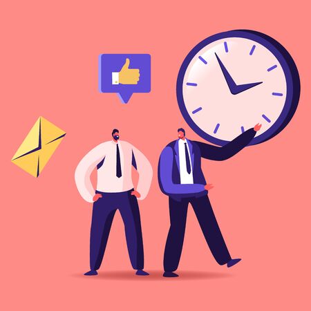 Time Management, Sales Funnel, Procrastination in Business. Businessman Character Point on Huge Clock to Colleagueのイラスト素材