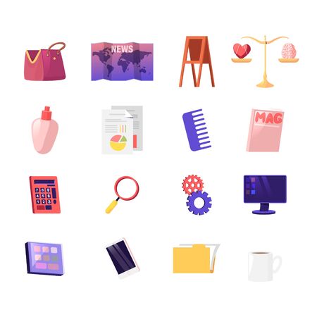 Set Bag, Map and Easel, Scales with Heart and Brain, Flask, Data Analysis Documents and Comb, Magazineのイラスト素材