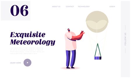 Radiosonde Landing Page Template. Male Character and Meteorology Probe on Air Balloon. Research, Probingのイラスト素材