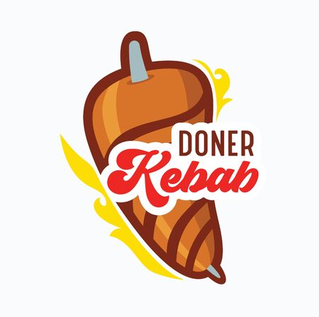 Doner Kebab Banner, Creative Badge with Meat on Pole, Fire and Typography Isolated on White Backgroundのイラスト素材