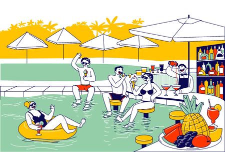 Young Characters in Swimming Pool with Parasols and Bar Have Fun Drinking Cocktails and Eating Ice Creamのイラスト素材