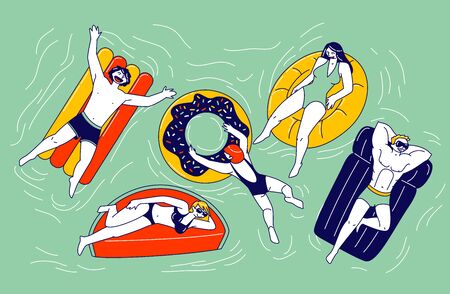 Male and Female Characters Swimming on Inflatable Mattresses in Ocean, sea or Swimming Pool. Diverse Peopleのイラスト素材