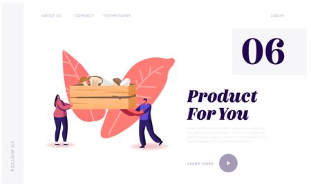 Homemade Fungiculture Growing Hobby, Harvesting Landing Page Template. Tiny Characters Carry Huge Wooden Boxのイラスト素材