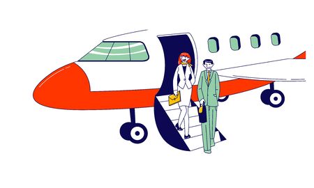 Male and Female Businesspeople Characters Stand on Airplane Ladder Waiting Meeting Person in Airport. Business Travel, Abroad Trip Concept. Colleagues Destination. Linear People Vector Illustrationのイラスト素材