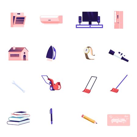 Icons Set Oven, Conditioner and Tv with Refrigerator, House, Iron and Hand Watch with Spyglass. Wrench, Lawn Mower and Snow Removal Scoop with Pen and Pencil, Books or Car. Cartoon Vector Illustrationのイラスト素材