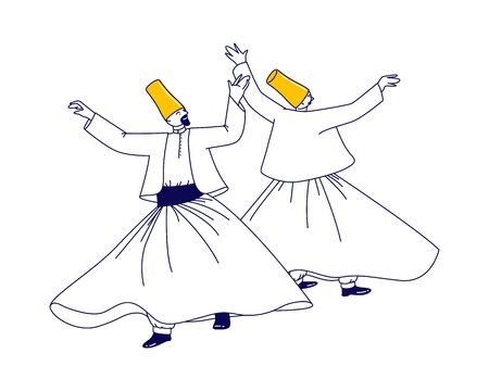 Whirling Dervish Characters in Traditional Outfit Dancing Arab Turkish Dance Isolated on White Background, Holy Month of Muslim Community, Ramadan Kareem Celebration. Linear People Vector Illustrationのイラスト素材