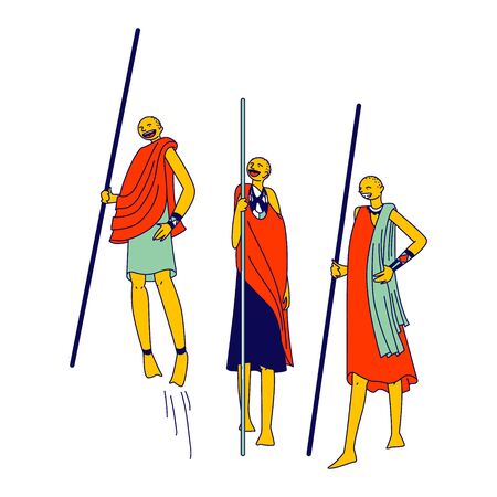 Masai Female Characters Perform Traditional Jump Isolated on White Background. Ethnic African Tribe Armed with Spears Jumping and Laughing Celebrate Success. Linear People Vector Illustrationのイラスト素材