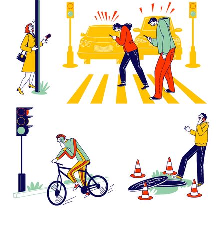 Characters Carelessness while Use Smartphones on City Background. Young Men, Women, Teenagers Chatting and Communicate Using Gadgets Crossing Road, Walking on Street. Linear Vector People Illustrationのイラスト素材