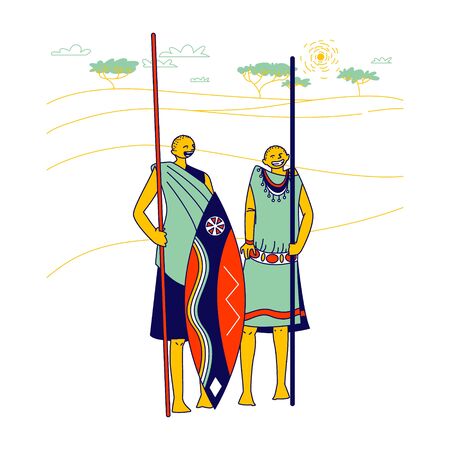 Masai Characters Wearing Traditional Clothes and Armed with Spear and Shield Stand on African Landscape Background. Barefoot Africa Warriors, Ethnic Conservation. Linear People Vector Illustrationのイラスト素材