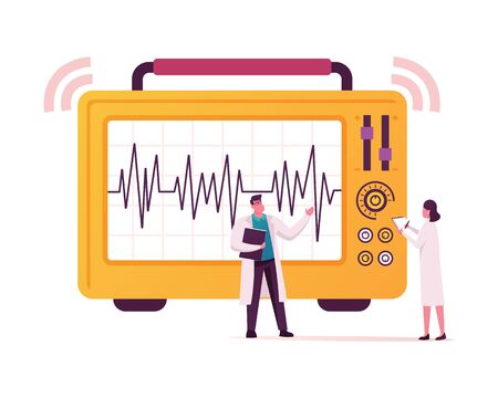 Tiny Scientists Characters in Laboratory Look on Huge Seismograph Machine Drawing Graph Line Depicting Seismic and Earthquake Activity. Geological Cataclysm. Cartoon People Vector Illustrationのイラスト素材