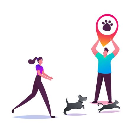 Young Woman Trying to Catch Dog and Cat Running Fast, Male Character Holding Huge Geolocation Pin with Animal Paw Print. GPS Tracking for Escaped and Lost Pets. Cartoon People Vector Illustrationのイラスト素材