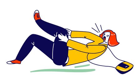 Danger Accident, Slip and Stumble. Female Character Slipping and Falling on Wet Floor Puddle. Woman Lying on Floor Crying of Pain in Leg. Person Safety, Dangerous Trauma. Linear Vector Illustrationのイラスト素材