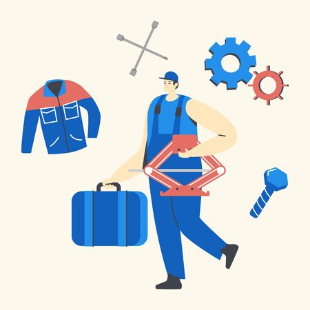 Mechanic Male Character in Blue Uniform Carry Jack-Screw and Toolbox with Instruments for Fixing Broken Car, Checking and Maintenance Auto, Transportation Repair Service. Linear Vector Illustrationのイラスト素材