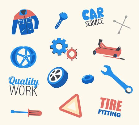Car Service Set Working Uniform, Wrench and Automobile Tires, Traffic Sign, Screwdriver and Cogwheels. Tools and Instrument for Maintenance, Fixing and Repair Garage Works. Linear Vector Illustrationのイラスト素材