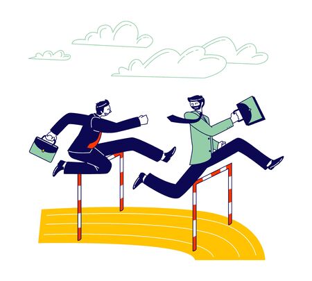 Careerist Chase, Business People Characters Social Climbers Running Competition. Businessmen Holding Briefcases in Hands Jump over Barriers. Leadership Successful Colleague. Linear Vector Illustrationのイラスト素材