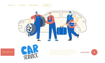 Auto Service Landing Page Template. Mechanics Male Characters with Instruments. Car Diagnostics and Repair. Men Station Staff Work. Auto Checking, Maintenance and Fixing. Linear Vector Illustrationのイラスト素材