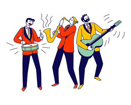 Street Musicians Characters or Jazz Band Perform Show. Guitarist, Drummer and Saxophonist Playing Music Concert Isolated on White Background, Musical Performance. Linear People Vector Illustrationのイラスト素材