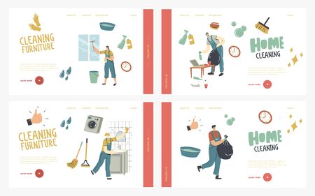 Cleaners Service Work Landing Page Template Set. Professional Janitor Characters in Uniform Clean Window, Bathroom and Living Room. Mopping Floor, Rub, Sweeping Home. Linear People Vector Illustrationのイラスト素材