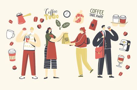 People Buying and Drinking Takeaway Coffee or Hot Drinks in Disposable Cardboard Cups. Male and Female Characters Morning Refreshment, Employees Coffee Break at Office. Linear Vector Illustrationのイラスト素材