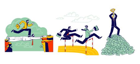 Careerist Business Man Character Running Sprint Race on Stadium Jumping over Barrier. Businessman Walk over Colleague Head, Stand on Top of Money Pile with Cup. Linear People Vector Illustrationのイラスト素材