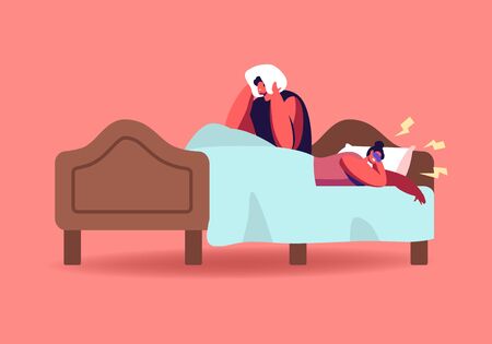 Husband Suffering of Sleeping Wife Snoring. Female Character Snore at Night Sleep. Breathing Disease, Noise Pollutionのイラスト素材