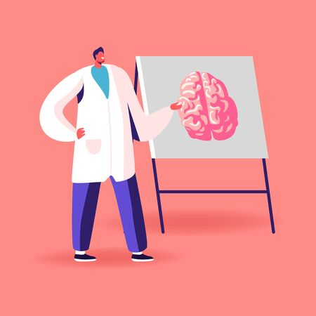 Doctor Character in White Medical Robe Pointing on Signboard with Human Brain Explain its Opportunitiesのイラスト素材