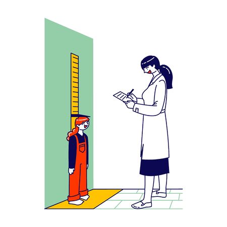 Female Doctor Character Measuring Height of Little Girl Standing at Wall with Scale and Writing Data in Notebook. Medical Check Up, Kids Growth and Development. Linear People Vector Illustrationのイラスト素材