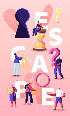Escape Room Concept, Tiny Characters Playing Quest Game Solve Puzzle During Riddle. Friends Companyのイラスト素材