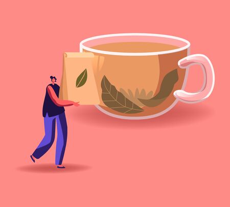Tiny Woman Carry Package with Dry Tea Leaves front of Huge Cup with Hot Liquid. Female Character Buying and Drink Hot Beverage in Cold Season, Tea Ceremony Concept. Cartoon Vector Illustrationのイラスト素材