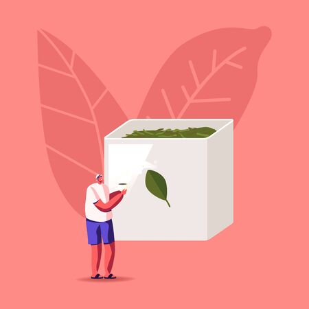 Young Man Enjoying Cup of Tea Stand at Ceramics Box with Dry Brew Leaves . Male Character Relaxing with Mug in Hands Drinking Hot Beverage. Leisure, Tea Ceremony Resting. Cartoon Vector Illustrationのイラスト素材
