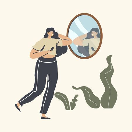 Fashion, Style and Beauty Concept. Self-assessment and Personal Appearance. Female Character Looking at Mirror Reflection. Woman Admire with her Image and Comb Long Hair. Linear Vector Illustrationのイラスト素材