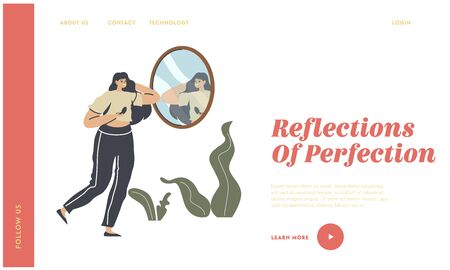 Fashion, Style and Beauty Landing Page Template. Self-assessment and Personal Appearance. Female Character Look at Mirror Reflection Admire with Image and Comb Long Hair. Linear Vector Illustrationのイラスト素材