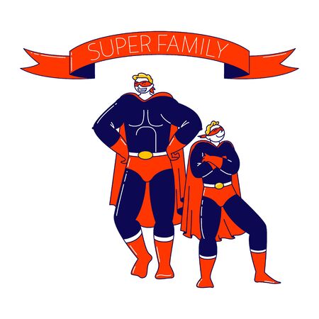 Superfamily, Parent and Child Relations Concept. Happy Family Dad and Son Characters in Superhero Costumes Posing and Demonstrate Power. School Theater Performance. Linear People Vector Illustrationのイラスト素材