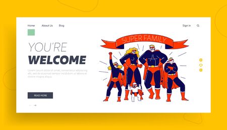 Super Family Landing Page Template. Characters Mother, Father, Son, Daughters and Little Baby Super Heroes. Mommy, Daddy and Children in Superhero Costumes Posing. Linear People Vector Illustrationのイラスト素材
