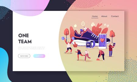 Smart Shoes Landing Page Template. Tiny Characters Sportsmen and Sportswomen Training in Sport Sneakers Connected to Smartphone. Walking around Huge Footwear. Cartoon People Vector Illustrationのイラスト素材