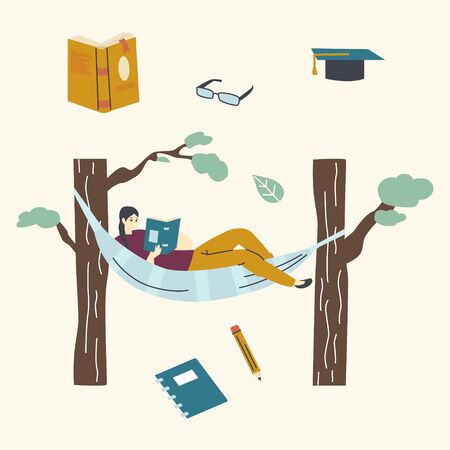Female Character Relaxing Lying in Hammock Hanging at Trees and Reading Interesting Book. Girl Prepare for University Examinations, Recreation Spare Time, Hobby and Leisure. Linear Vector Illustrationのイラスト素材