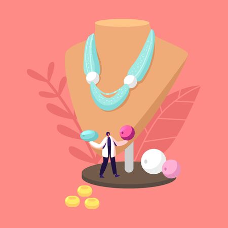 Tiny Female Character Holding Colorful Beads Stand at Huge Mannequin with Beautiful Handmade Necklace. Creative Hobby, Handcraft for Selling, Jewelry Bijouterie Concept. Cartoon Vector Illustrationのイラスト素材