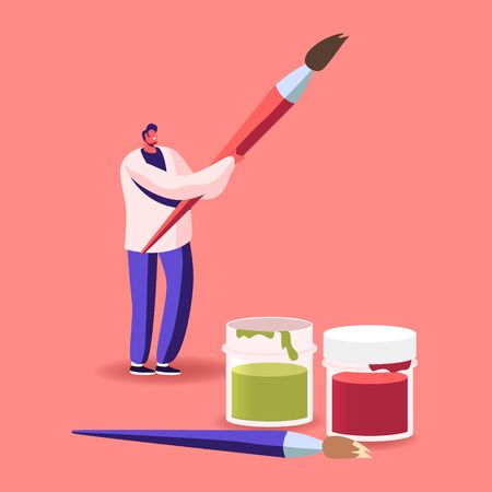 Talented Artist Tiny Male Character with Huge Brush in Hands and Paints Bottles Prepare to Create Painting Art. Creative Hobby, Drawing Class, Man Express Talent Concept. Cartoon Vector Illustrationのイラスト素材