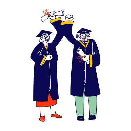 Cheerful Senior Man and Woman Dressed in Mantle and Academical Cap Holding Diploma Scrolls Celebrating Graduation. Aged Student Characters Graduating from University. Linear People Vector Illustrationのイラスト素材