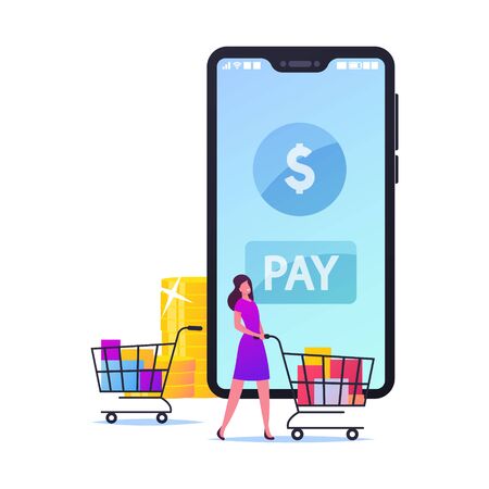 Woman Customer Pushing Trolley with Purchases in Colorful Paper Bags to Cashier Desk front of Huge Smartphone and Stacks of Golden Coins. Buyer Character Cashless Payment. Cartoon Vector Illustrationのイラスト素材