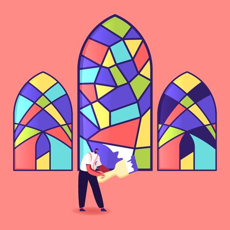 Stained Glass Manufacture, Handmade Hobby, Antique Craft. Tiny Male Character Painting Arched Window with Colorful Paints Holding Brush. Home Interior, Exterior Decoration. Cartoon Vector Illustrationのイラスト素材