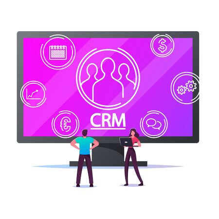Crm System, Customer Relationship Management, Business Development Concept. Tiny Male and Female Characters Analysing Clients Profile and Database at Huge Computer. Cartoon People Vector Illustrationのイラスト素材